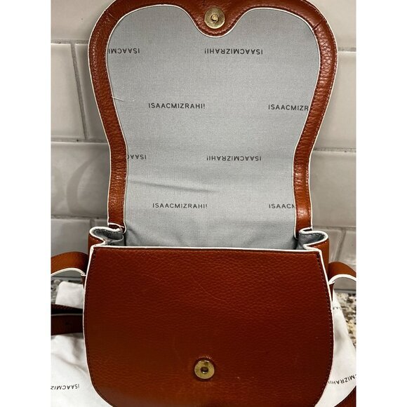 Isaac Mizrahi Crossbody Saddle Bag Leather & Faux Leather Brown &‎ White - Picture 6 of 12